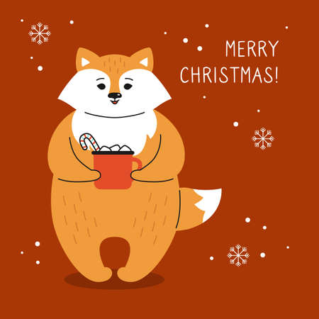 Greeting Christmas card, fox with cup of cocoa. Cartoon red fox. Hand drawn funny christmas character. Merry Christmas. Animal vectorのイラスト素材
