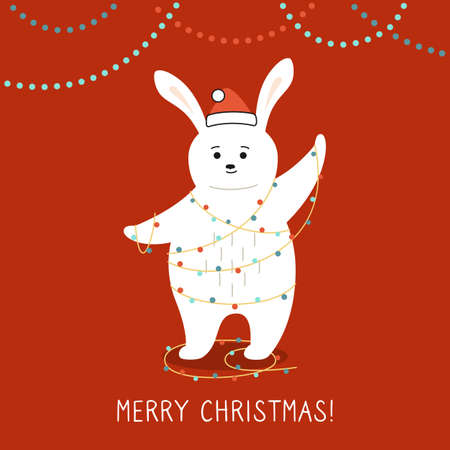 Greeting Christmas card, rabbit with garland. Hare in Santa Claus hat. Hand drawn funny cartoon christmas character. Merry Christmas. Animal vectorのイラスト素材