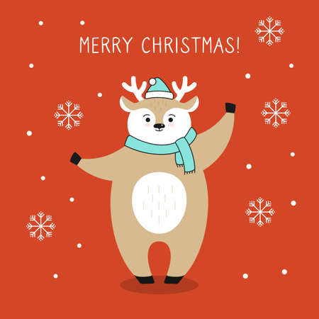 Greeting Christmas card, deer with snow, snowflake. Reindeer in Santa Claus hat. Hand drawn funny cartoon christmas character. Merry Christmas. Animal vectorのイラスト素材