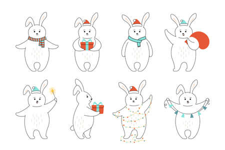 Christmas rabbit line cartoon set. Outline cute hare with red hat, gift, garland. Animal coney in different poses. Funny animals winter celebrateのイラスト素材