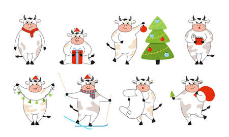 Christmas bull set. Cartoon cow, Buffalo, calf. Collection character farm animal, gift hat, garland, tree. Horoscope sign. Merry Christmas. Animal holidays vectorのイラスト素材