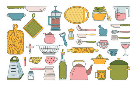 Cookware kitchen tools line set. Baking tools cartoon dishes, equipments. Hand drawn kitchen utensils flat style collection. Food preparation Vector illustration on whiteのイラスト素材