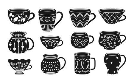 Cup with tea or coffee black glyph set. Flat modern bowl collection. Decorated different ornament. Black cartoon line trendy crockery, handle drink. Isolated vector illustrationのイラスト素材