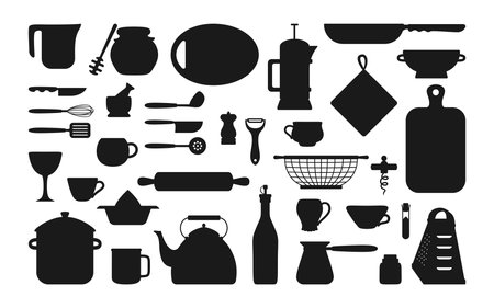 Cookware kitchen tools black silhouette set. Baking tools cartoon dishes, equipments. Hand drawn kitchen utensils flat style, black collection. Food preparation. Vector illustration on whiteのイラスト素材