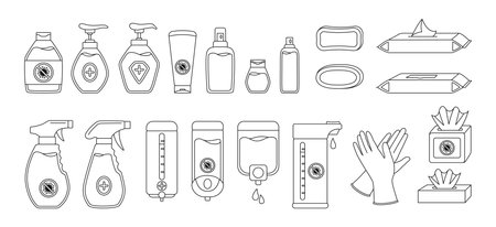 Coronavirus disinfection sanitizer bottles black outline set. Infographic shape collection. Hygiene cartoon medical washing gel spray, liquid soap napkin, rubber glove. Isolated vector illustrationのイラスト素材