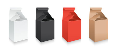 Mockup realistic gift box 3D model set. Carton white, black and red packaging collection. Template cardboard opened paper boxes package. Design Birthday Christmas party surprise. Vector illustrationのイラスト素材