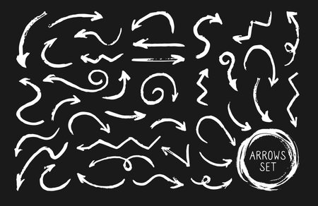 White arrows chalk style hand drawing set. Chalkboard design elements grunge pointer collection. Various curved, arched artistic uneven arrow shapes cursor. Vector signpost elementsのイラスト素材