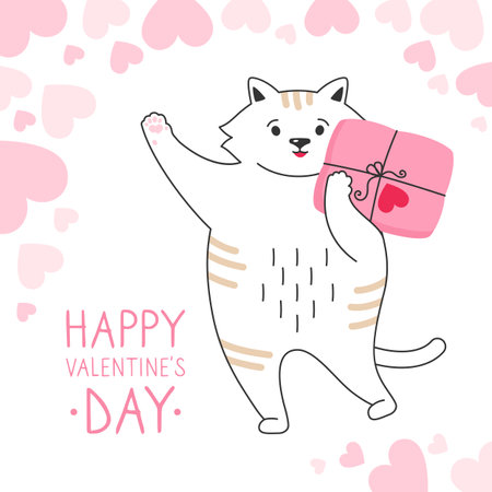 Cat with postal parcel, background Happy Valentines Day greeting card. Draw doodle cartoon style. Romantic banner cute kitten. Design for print, about love hearts vector illustrationのイラスト素材