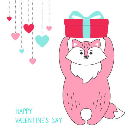 Fox with gift box, Happy valentines Day greeting card. Draw doodle cartoon style. Romantic banner cute hand drawn forest pink fox. Design for print, about love hearts vector illustrationのイラスト素材