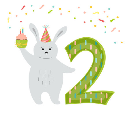 Greeting Happy Birthday card, rabbit with cake and number two. Hand drawn hare cartoon character in hat, cupcake. Congratulate child 2th birthday. Funny flat Animal Isolated vector illustrationのイラスト素材