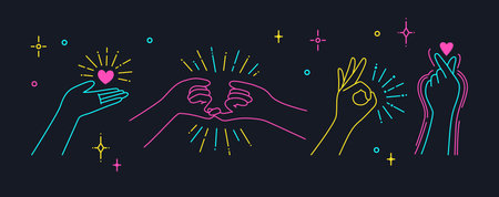 Dark postcard Valentines Day, hand holds heart. Finger love symbol, Female hands gestures Korean love sign. Design symbol minimalist trend style. I love you color Icon. Greeting vector illustrationのイラスト素材