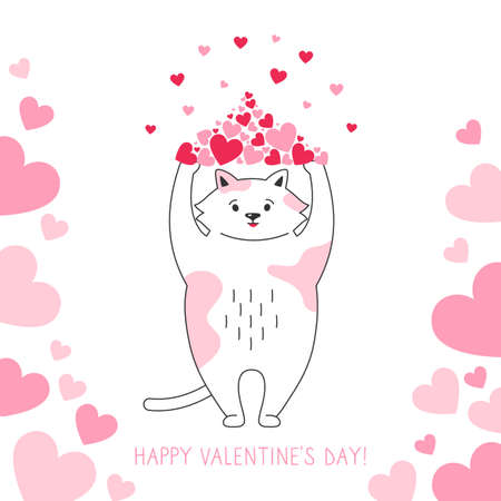 Cat with mountain of love and hearts, Happy valentines Day greeting card. Draw doodle cartoon style. Romantic banner cute hand drawn fox. Design for print, about love hearts vector illustrationのイラスト素材
