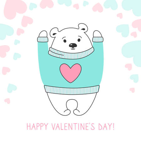 Happy valentines Day greeting card, polar bear in sweater, hearts. Draw doodle cartoon style. Romantic banner cute hand drawn bear teddy. Design for print, about love hearts vector illustrationのイラスト素材