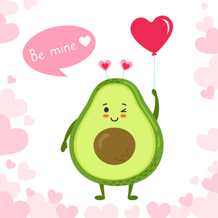 Avocado with air balloon, dialog speech bubble, Happy valentines Day greeting card. Hand drawn funny cartoon character, green kawaii avocado with pink hearts. Romantic banner love vector illustrationのイラスト素材