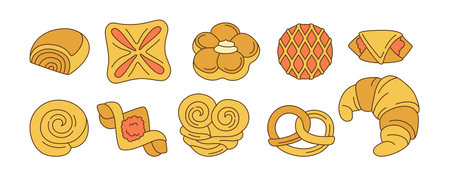 Sweet buns doodle cartoon icon set. Line design menu bakery symbol, jam puff, bun. Bakery goods and wicker pretzel, bagel, croissant pastry, roll. Stylish icon modern vector illustrationのイラスト素材
