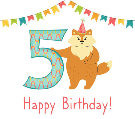 Greeting Happy Birthday card, Fox with number five. Hand drawn red fox cartoon character in hat. Congratulate child 5th birthday. Funny flat Animal Template Isolated vector illustrationのイラスト素材
