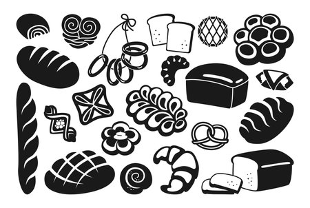 Bread black glyph icon set. Rye, whole grain and wheat loaf bread, pretzel, muffin, croissant, french baguette. Baked goods, menu bakery pastry. Vintage vector illustrationのイラスト素材
