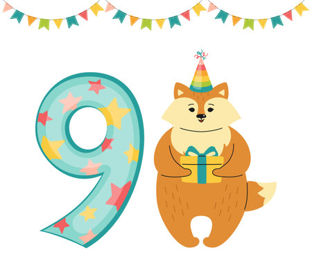 Greeting Happy Birthday card, Fox with number nine. Hand drawn red fox cartoon character in hat. Congratulate child 9th birthday. Funny flat Animal Template Isolated vector illustrationのイラスト素材