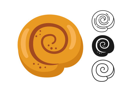 Cinnamon roll icon, bread line and black glyph, cartoon sign set. Hand drawn sketch fresh sweet round bun bakery. Shop flat food design. Packaging label, vector food app, websiteのイラスト素材