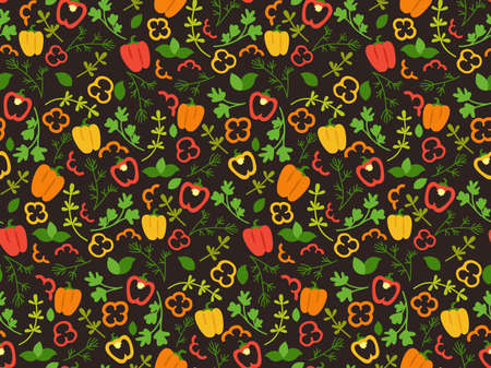 Bell pepper and herbs cartoon seamless pattern. Hand drawn vegetables yellow, green and red paprika. Vector flat colorful sweet pepper food, salad wrapping paper, menu design, tile black backgroundのイラスト素材