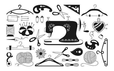 Sewing monochrome set, thread and scissors yarn, needle pin needle. Dressmaking needlework tools. Cartoon sewing accessories. Needlework stitch fancywork, machine embroidery. Vector illustrationのイラスト素材