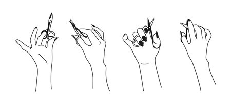 Female manicured hand with nail scissors black line set. Hands nail design. Flat contour spa manicure accessories, equipment tools. Different nations Spa beauty trendy concept vector illustrationのイラスト素材