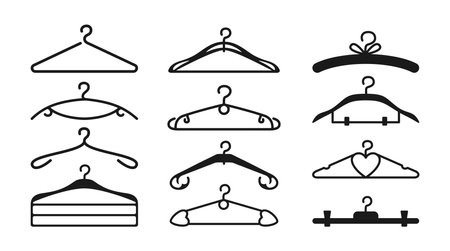 Clothes hanger black silhouette set. Hand drawn hangers accessory wardrobe clothing, wear. Shop storage boutique cloakroom. Fashion style scribble icon. Design elements sale tag. Vector illustrationのイラスト素材