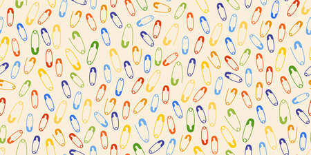 Safety pin bright cartoon seamless pattern. Sewing pins hand drawn tailoring monochrome flat design. Scrapbook, wrapping paper, textile, fabric, wallpaper, tile background vector illustrationのイラスト素材