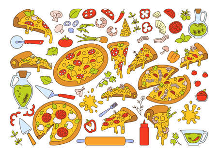 Pizza retro line cartoon set. Italian hand drawn pizzas with greens, pepper, tomato olive, cheese mushroom. Margarita and hawaiian, pepperoni or seafood. Pizza pieces and ingredients vector collectionのイラスト素材