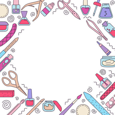 Manicure equipment round background. Line polishing nails, nail polish, file, tweezers, hand cream, scissors, oil, nippers. Manicure outline tools design elements beauty and Spa concept trendy vectorのイラスト素材