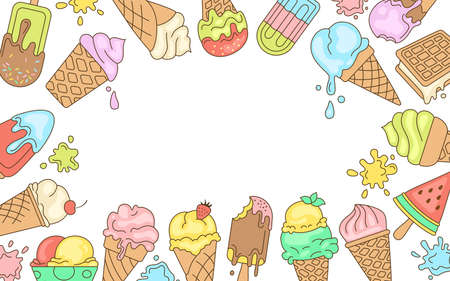 Ice cream bright line greeting card. Sweet background for text. Chocolate, vanilla doodle ice cream cone fruit, mint, berry. Kawaii summer collection food and splash. Dessert vector illustrationのイラスト素材