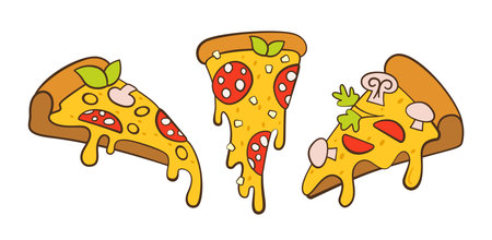 Pizza retro line contour cartoon set. Italian hand drawn pizzas with greens, pepper, tomato olive, cheese mushroom. Margarita and hawaiian, pepperoni. Pizza pieces and ingredients vector collectionのイラスト素材