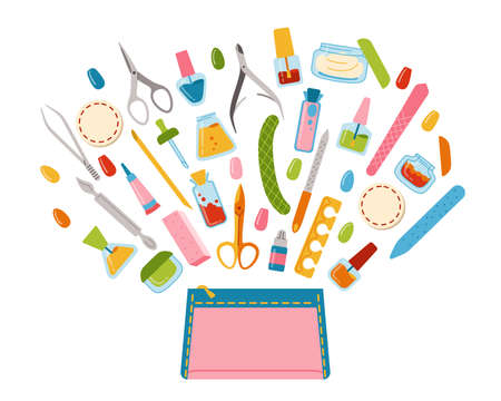 Postcard tools fly out of cosmetic bag. Manicure equipment cartoon design elements. Polishing nails, nail polish, file, tweezers, hand cream, scissors, oil, nippers and brush. Spa concept vectorのイラスト素材