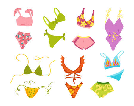 Lingerie and swimsuit summer cartoon set. Hawaiian woman beach fashion swimwear clothes, swimsuit. Tropical flat bikini monokini. Hand drawn underwear top, bottom. Isolated trendy vector illustrationのイラスト素材