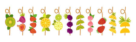 Hawaii fruit canape mix cartoon set. Tropical food kiwi, lime lemon, orange raspberry, strawberry. Vegan natural slice fruit skewers hand drawn flat design menu. Trendy vitamin vector illustrationのイラスト素材