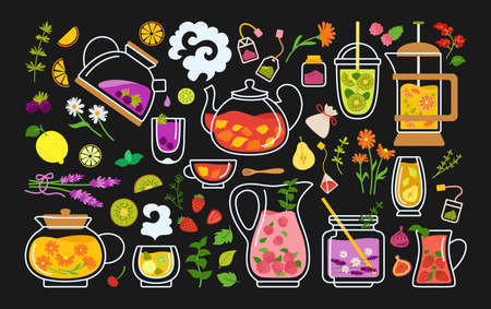 Cup of tea and cocktails cartoon set. Tea time glass mug teapot herbs, fruits, ingredients for drinks. Beach party concept, summer hand drawn for poster, menu. Flat design trendy vector illustrationのイラスト素材