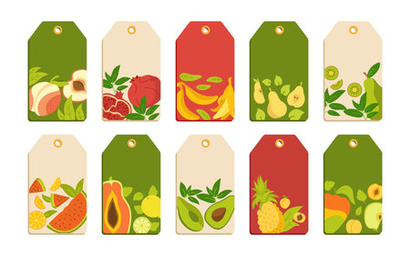 Label with fruit cartoon set template. Tropical price tag hawaiian fruit, pineapple pear watermelon and tangerine, fig, lemon. Isolated empty frame vector illustration juice or farmer market productのイラスト素材
