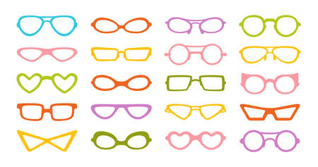Glasses carnival party stylish color silhouette set. Masquerade costume glasses heart star cloud eye funny shaped. Fashion hawaiian woman beach sunglasses. Hand drawn Isolated vector illustrationのイラスト素材