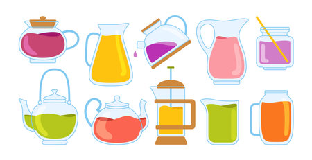 Teapot and kettles cold tea or cocktails cartoon set. Tea time teapot dishes jar with drinks. Summer hand drawn glassware jar kitchen tools. Flat outline kitchenware, design trendy vector illustrationのイラスト素材