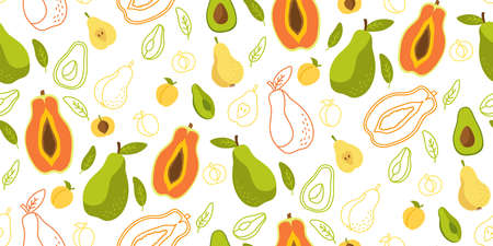 Exotic hawaiian fruit line seamless pattern. Papaya, avocado, pear apricot wallpaper tropical summer texture food. Hand drawn fruit textiles, wallpaper, webdesign. Design Isolated vector illustrationのイラスト素材