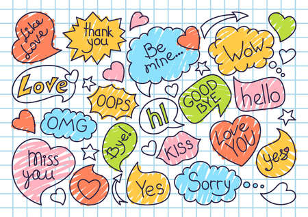 Speech bubble sketch doodle set, background in cage, notebook. Pop art design elements dialog clouds...