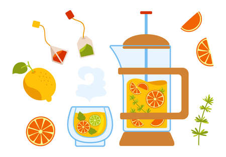 Tea cartoon cozy set, lemon, teapot bag and cup. Kettle citrus tea in transparent teapot with ingredients. Hand drawn mug of hot tea time flat style. Illustration for invitations, card, poster vectorのイラスト素材