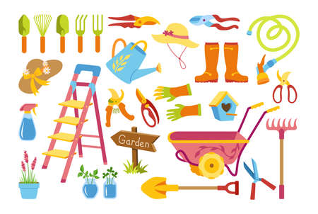 Garden village flat cartoon set. Birdhouse, rustic stepladder. Rubber boots, rake and gloves, shovel secateurs. Garden cart, hat and watering can, hose. Hand drawn Isolated vector illustrationのイラスト素材