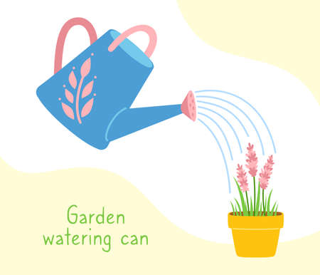 Watering can cartoon with lavender in pot flat cartoon card. Garden tool outdoor activities. Drops of water falling, Irrigation. Work equipment rural gardening. Hand drawn vector illustrationのイラスト素材