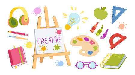 Artists painting supplies hand drawn cartoon set. Watercolor palettes, brushes, wooden palette and easel, tubes with acrylic paint. Headphones, school ruler, apple, glasses and paint palette vectorのイラスト素材