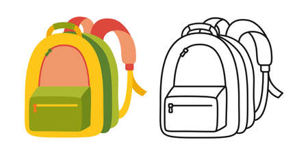 Kid backpack flat cartoon set line icon. Childish schoolbags student study supplies. Back to School hand drawn cartoon sign. Education or working workspace concept icon kit. Vector illustrationのイラスト素材
