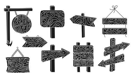 Wooden signs billboard black glyph set. Rural arrow pointer collection. Outline blank various forms planks tablet vintage or old retro banners. Hand drawn signpost rustic signboard vector illustrationのイラスト素材