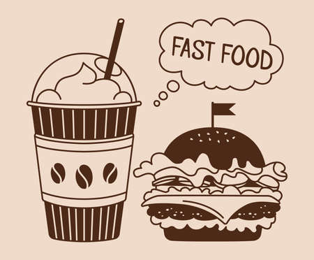 Fast food burger and soda takeaway cartoon set. Hand drawn glyph hamburger and coffee icon, sign. Card menu delicious fast food. Cheeseburger, beverage tasty unhealthy lunch. Vector illustrationのイラスト素材