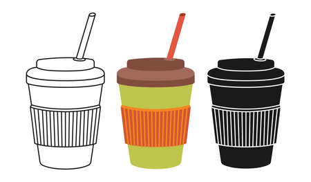 Coffee cup to go cartoon set line icon, black glyph trendy style. Craft flat cup Caffeine drink branding and cafe label design, disposable coffee paper cup icon takeaway container. Vector illustrationのイラスト素材