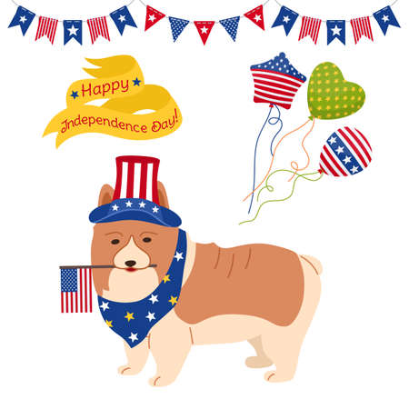 American Independence Day cartoon set. Funny patriotic pet corgi with flag hat, balloon, ribbon, garland bunting flag USA flat style. Festival happy independence day. Isolated vector illustrationのイラスト素材